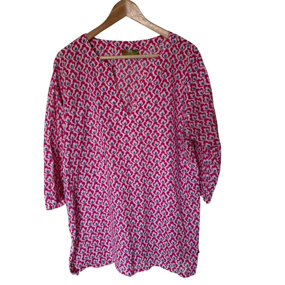 Rock Flower Paper Tunic Women L Pink Blue Cotton Boho Geometric V-Neck Excellent